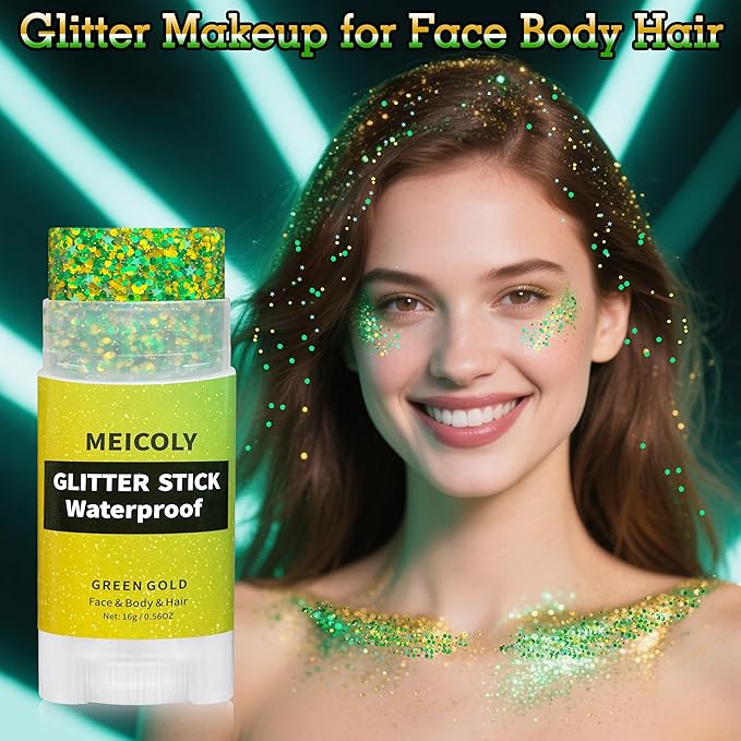 MEICOLY Gold and Green Face Glitter Stick,Hair Glitter Stick for Women,Green and Gold Spirit Wear Alien Makeup Accessories,Sparkle Body Glitter Makeup for Mardi Gras Carnival Festival Party