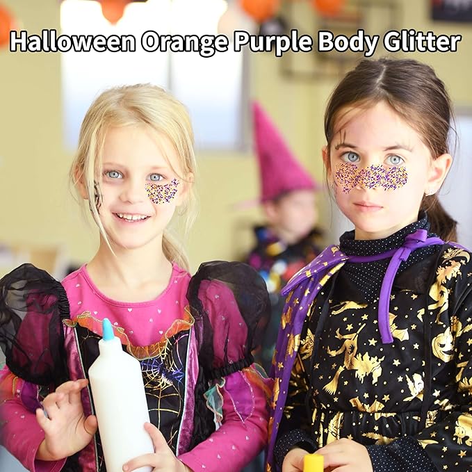 Halloween Face Glitter Gel,Orange Purple Skull Pumpkin Body Glitter Face Paint,Chunky Giltter for Face Body Hair,Kid’s Colorful Shimmering for Party Rave Music Festival Carnival Makeup