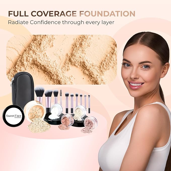 16pc Beginner Mineral Makeup STARTER KIT with 10 BRUSH SET (5gm)Sample Size Foundation, Primer, Blush, Bronzer, Setting Powder for Learning, Occasional Use & First Time Users, Travel Size Kit (Fair 1)