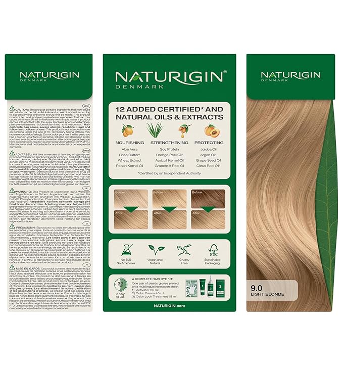 Naturigin Permanent Hair Color, 9.0 Light Blonde, Ammonia Free, 100% Gray Coverage, Nourishing Natural Formula, For All Hair Types, Long-Lasting, Vegan & Cruelty-Free, 1 Pack