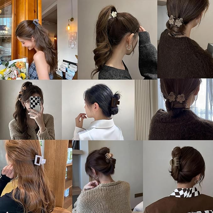 16Pcs Medium Claw Hair Clips for Women Girls,Matte Rectangle Double Row Teeth Flower Semicircle Small Claw Clips for Thin/Medium Thick Hair, Jaw Clips Nonslip Clips (Beige,Khaki,Brown,Black)