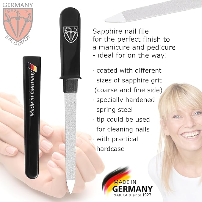 3 Swords Germany - Brand Quality Double Sided (fine & coarse) Sapphire Metal Pocket Nail File (1 Piece), Made in Solingen Germany