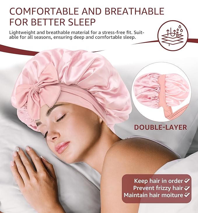HiRui Silk Satin Bonnet for Sleeping Women, Double-Layer Sleep Cap Shower Cap with Adjustable Tie, Moisture Retaining Satin Lined Hair Bonnet for Curly and Natural Hair (Pink, Medium)