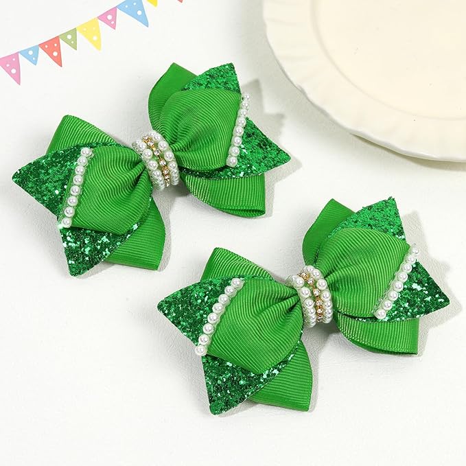 4" Sparkly Glitter Sequin Ribbon Hair Bow Clips,Pearl Wedding Boutique Alligator Barrettes Pins for Teens Toddler,Cheerleader Girls Kids Birthday Party Dress Decor Accessory (Green)