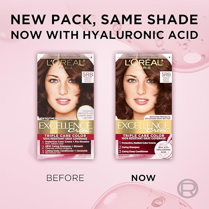 L'Oreal Paris Excellence Crème Permanent Hair Dye, Triple Care Hair Color with Pro-Keratine Complex for 100% Gray Hair Coverage, 5RB Medium Reddish Brown, 1 Kit (Pack of 2)