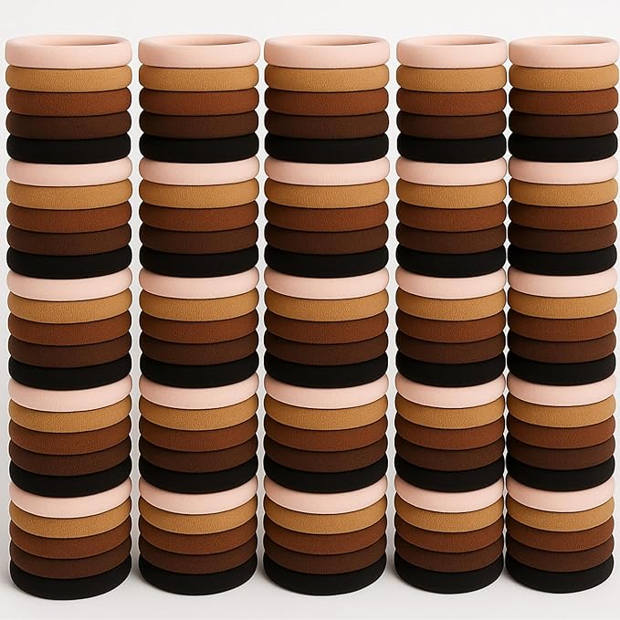 Best ouchless hair ties,100 Pcs Large Brown for Thick Curly Hair Elastic Band Ponytail Holder -Bulk for Women, Girls, Kids, Men - 8MM Thick, No Damage, Soft, Nylon, Stretchy, Cloth, Seamless, Fabric