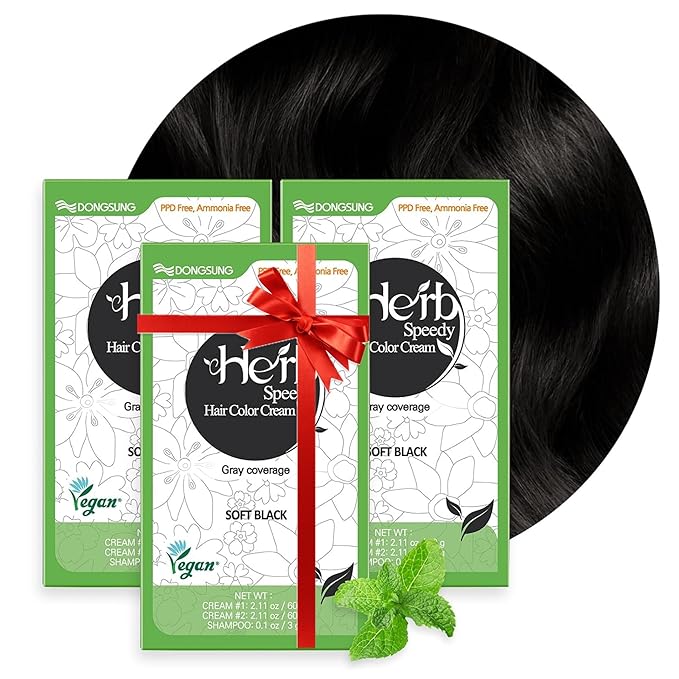 Dongsung Herb Speedy Color Cream (Soft Black, 3 Pack), PPD-Free Ammonia-Free Vegan Gray Coverage Hair Dye with Sun Protection, Odorless, Gentle for Sensitive Scalp, No Eye or Scalp Irritation