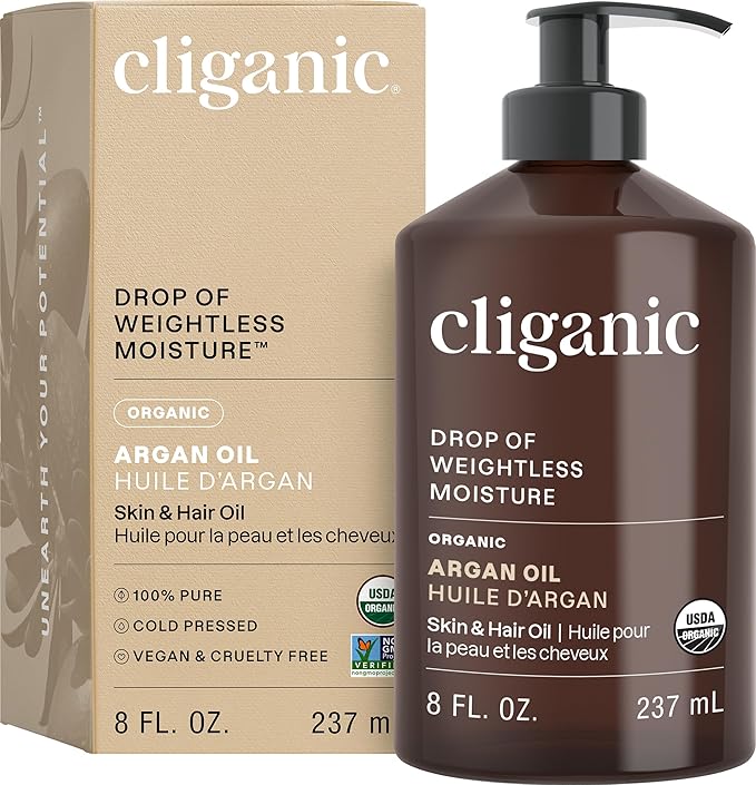 Cliganic Organic Argan Oil 8oz with Pump, 100% Pure - for Hair, Face & Skin