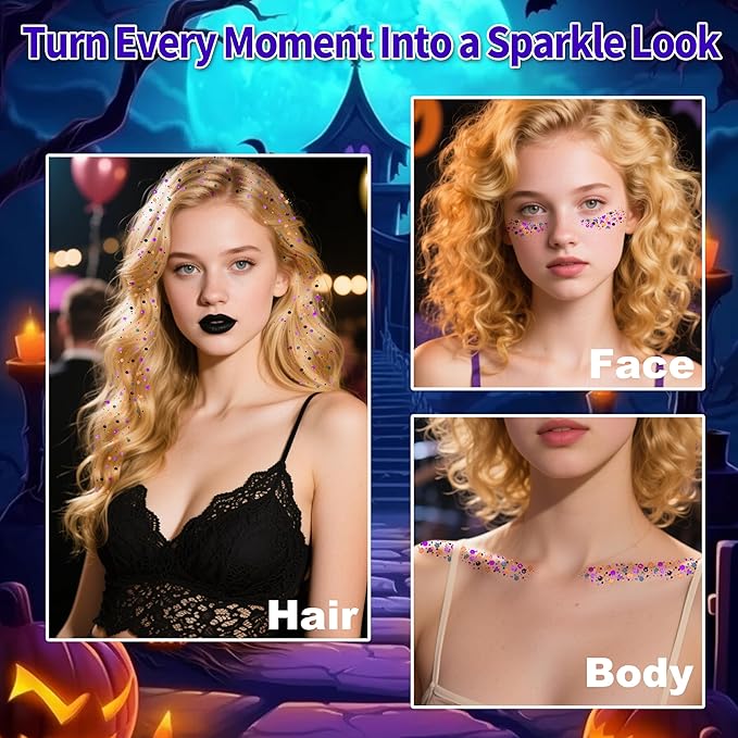 MEICOLY Black Purple and Orange Face Glitter Stick,Halloween Hair Glitter Stick for Women,Sparkle Chunky Body Glitter Makeup for Party Festival