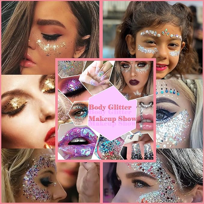 Body Glitter Face Glitter Gel: Singer Concerts Disco Festival Rave Accessories Face Glitter Makeup 250ml Chunky Sequins Mermaid Face Body Hair Glitter Gel (White&Pink&Gold&Green&Red)
