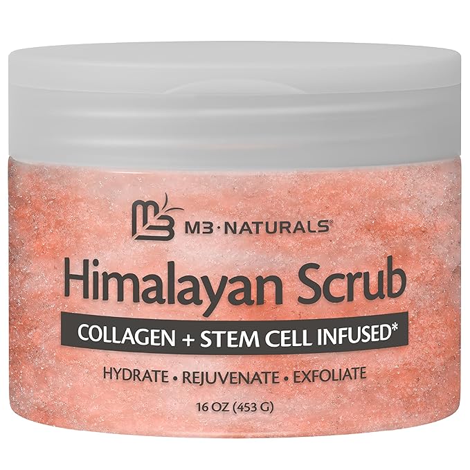 Himalayan Salt Scrub, Face, Foot, and Body Exfoliator with Collagen and Stem Cells, Exfoliating Scrub for Toning, Cellulite, and Skin Care by M3 Naturals 16 fl oz
