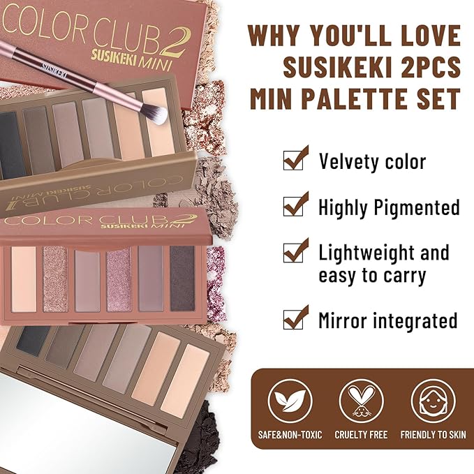 2PCS 6 Colors Mini Eyeshadow Palette Makeup with Brush Set Neutral Nude Eye Shadow Pink & Brown Matte Shimmer Make Up Pallet with Mirror Highly Pigmented Travel Size Gift Kit