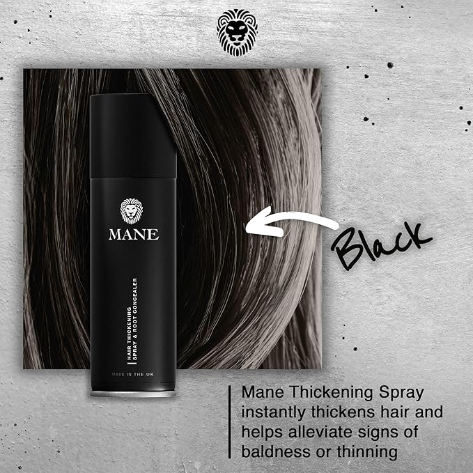 Mane Hair Thickening Spray & Root Touch Up, Instantly Thicker Hair for Men & Women, Fill in Hairlines and Hide Thinning and Fine Patches - Black, 12 Colors (6.76 oz)