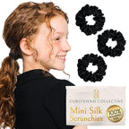 Authentic Mini Mulberry Silk Scrunchies for Women & Kids - Anti Breakage Small Silk Scrunchies for Fine, Curly & Thin Hair - No Dent, No Slip Hair Ties for Buns, Sleep & Ponytail - Onyx Black (3 Pack)