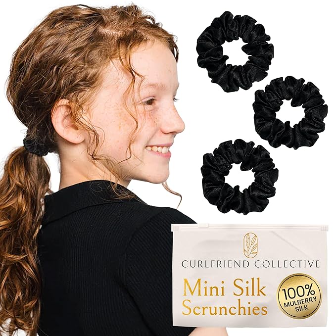 Authentic Mini Mulberry Silk Scrunchies for Women & Kids - Anti Breakage Small Silk Scrunchies for Fine, Curly & Thin Hair - No Dent, No Slip Hair Ties for Buns, Sleep & Ponytail - Onyx Black (3 Pack)