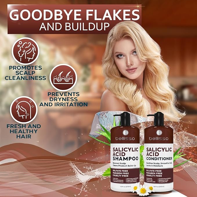 Salicylic Acid Shampoo and Conditioner Set - Scalp Exfoliator Formula for Flakes - Anti Dandruff and Itch Relief for Women and Men - Sulfate and Paraben Free - For Dry, Flaky, Itchy and Oily Hair