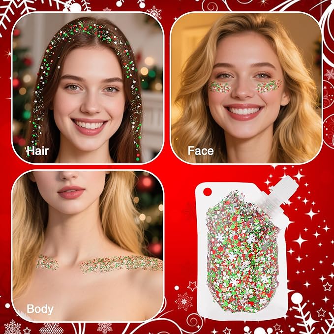 MEICOLY Christmas Face Glitter,Christmas Hair Glitter for Kids and Women,Stocking Stuffers Gifts,Sparkle Chunky Christmas Makeup,Red Silver Green Body Glitter for Party Rave Festival