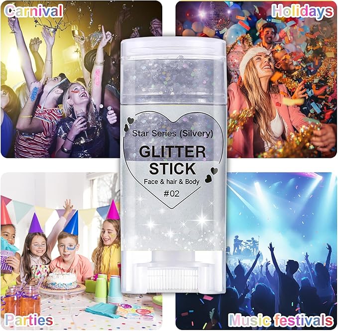 Silver Body Glitter Stick, Halloween Face Glitter Makeup,Holographic Hair Glitters Mermaid Makeup Rave Outfits for Women, Shimmer Face Paint Stick for Christmas (Silver)