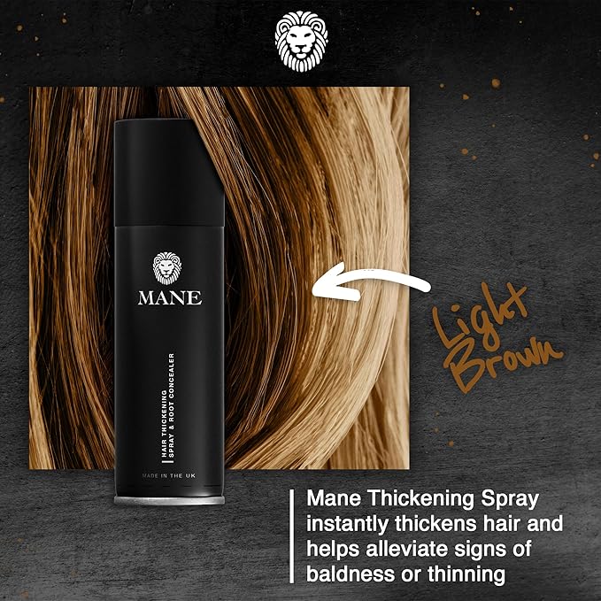 Mane Hair Thickening Spray & Root Touch Up, Instantly Thicker Hair for Men & Women, Fill in Hairlines and Hide Thinning and Fine Patches - Light Brown, 12 Colors (6.76 oz)