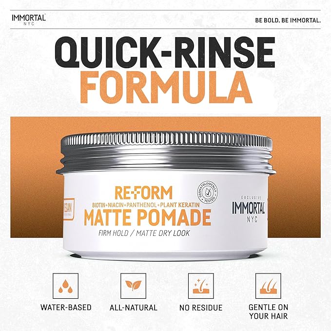 Immortal NYC Re-Form Original Pomade – Medium Shine & Strong Hold - Men's Water-Based Hair Balm - Vegan Styling Cream with Biotin, Keratin & Panthenol for All Hair Types (150 mL, Reform Matte)