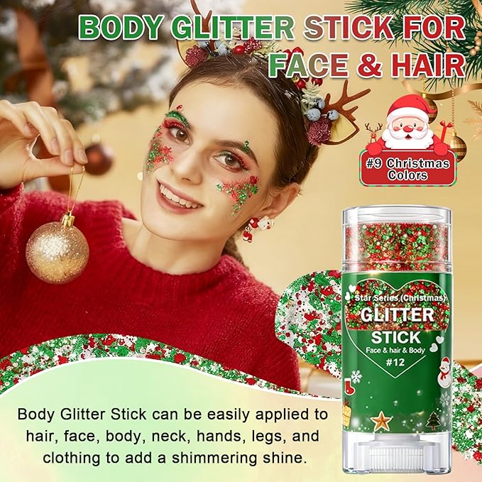 Christmas Body Glitter Stick, Face Body Glitter Gel Holographic Hair Glitter Halloween Chunky Sequin Waterproof Face Paint Stick Glitter Makeup for Women