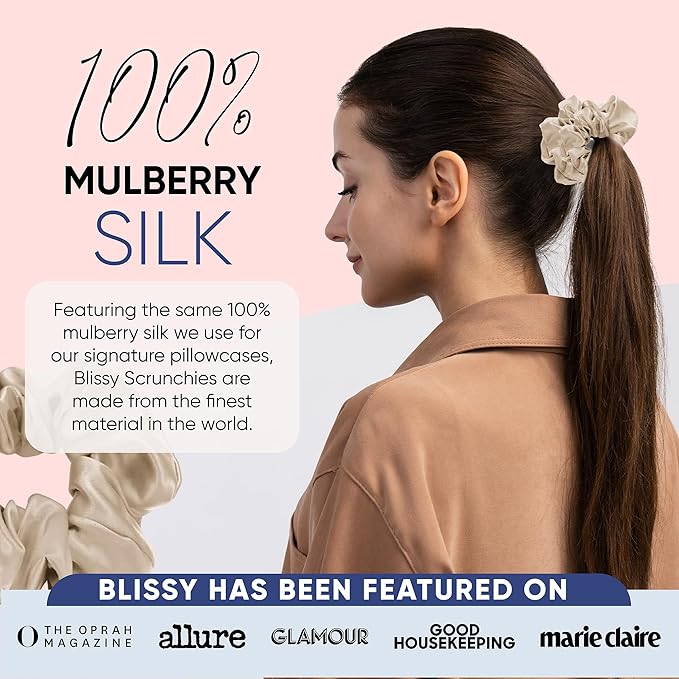 Blissy Silk Scrunchies (3 Pack) - 100% Pure Mulberry Silk - 22 Momme 6A High-Grade Fibers Scrunchie for Straight & Curly Hair - Preventing Breakage, Tangling, & Creasing (Champagne Skinny)