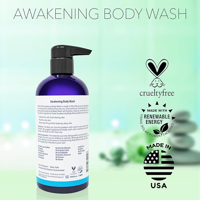 PURA D'OR 16 Oz Awakening Body Wash with Aloe Vera, Chamomile, Lavender, Tea Tree and Natural Nutrients - pH Balanced for Moisturized Soft, Fresh-Feeling Skin, All Skin Types, Men & Women