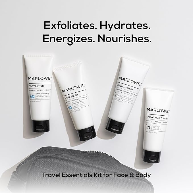MARLOWE. Travel Essentials Kit, No. 103 Body Wash, No. 002 Body Lotion, No. 122 Facial Scrub & No. 123 Facial Moisturizer, Hydrating, Exfoliating & Nourishing Skin Care Set for All Skin Types