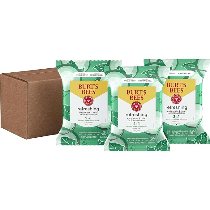 Burt's Bees Stocking Stuffers, Cucumber & Mint Face Wipes, for All Skin Types, Refreshing Makeup Remover & Facial Cleansing Towelettes, Skin Care Christmas Gifts, 30 Ct. (3-Pack)