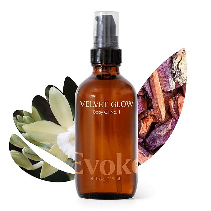 Plant Therapy Evoke Velvet Glow Body Oil 4 oz Ultra Hydrating & Quick Absorption for Silky Soft Skin, Enriched with Squalane, Argan, and Vitamin E, Luxurious All Natural Scent