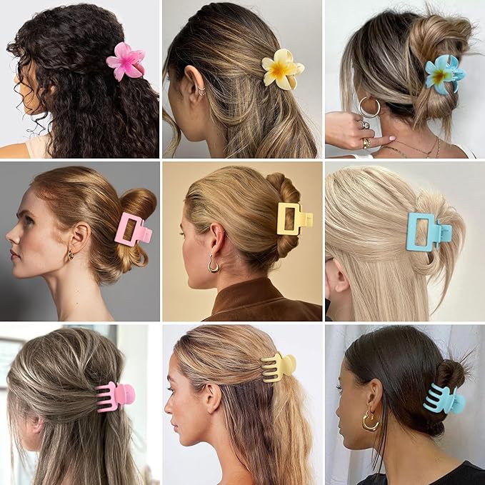 3 Styles Medium Hair Clips for Women 9 Pcs Small Claw Clips for Thin Hair Flower Hair Clips for Thick Hair Square Hair Claw Clips for Girls Hawaiian Plumeria Hair Accessories for Women (Pink)