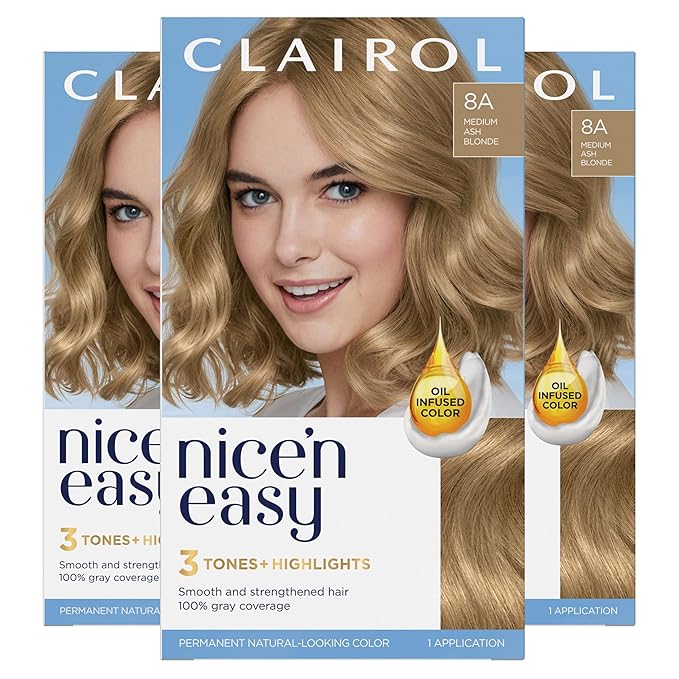 Clairol Nice'n Easy Permanent Hair Dye, 8A Medium Ash Blonde Hair Color, Pack of 3
