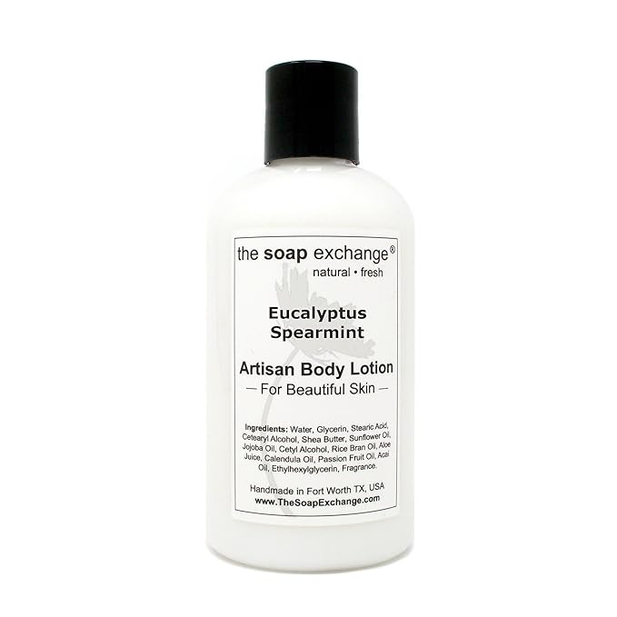 The Soap Exchange Body Lotion - Eucalyptus & Spearmint Scent - Hand Crafted 8 fl oz / 240 ml Natural Artisan Skin Care for Hand, Face, & Body, Moisturize, Hydrate, & Protect. Made in the USA.