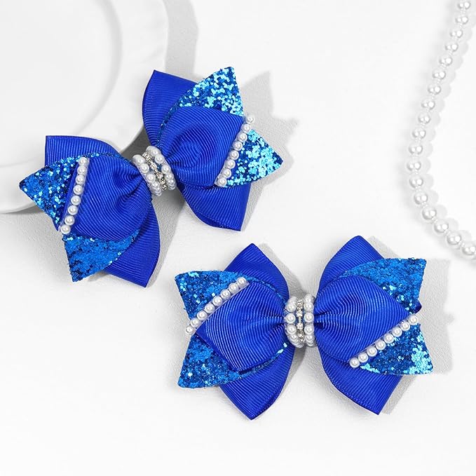 4" Sparkly Glitter Sequin Ribbon Hair Bow Clips,Pearl Wedding Boutique Alligator Barrettes Pins for Teens Toddler,Cheerleader Girls Kids Birthday Party Dress Decor Accessory (Deep Blue)