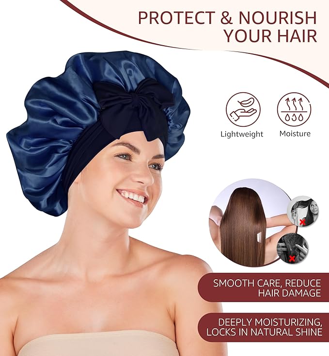 HiRui Silk Satin Bonnet for Sleeping Women, Double-Layer Sleep Cap Shower Cap with Adjustable Tie, Moisture Retaining Satin Lined Hair Bonnet for Curly and Natural Hair (Navy Blue/Light Blue, Large)