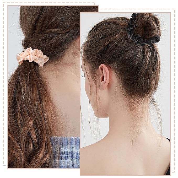 12Pcs Satin Elastic Hair Scrunchies, Silk Satin Hair Ties Elastics Ponytail Holders for Women Girls Valentine's Day Gifts (Blush,Black)