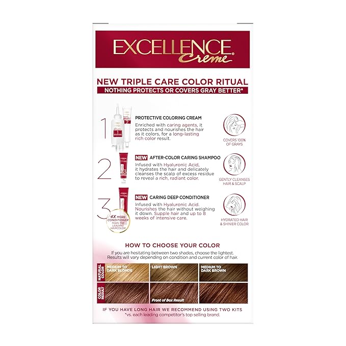L'Oreal Paris Excellence Crème Permanent Hair Dye, Triple Care Hair Color with Pro-Keratine Complex for 100% Gray Hair Coverage, 6RB Light Reddish Brown, 1 Kit