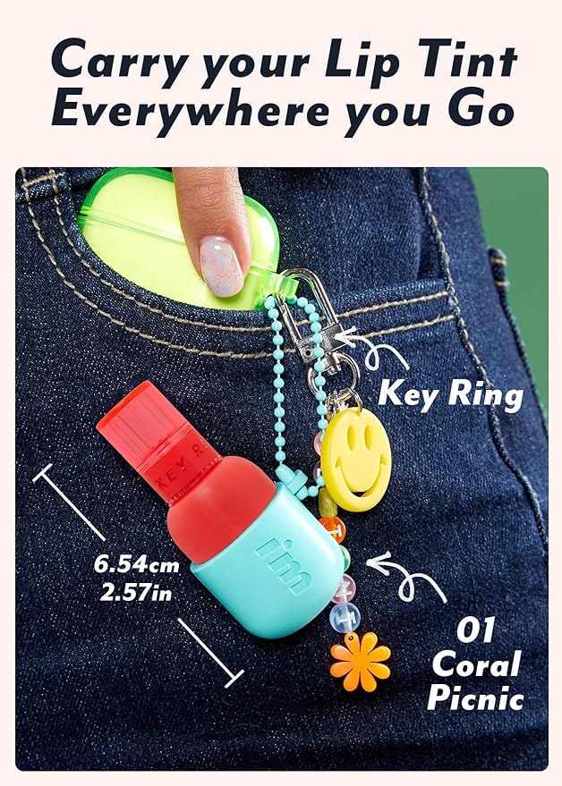 I'M MEME Color Key Ring Water Gel Lip Tint - 01 Coral Picnic | Long Lasting Lip Gloss, Hydrating Glossy Finish, Kbeauty, Cute Korean Makeup, Compact, Portable Keychain, Travel-Friendly, Gift, 0.09 Oz