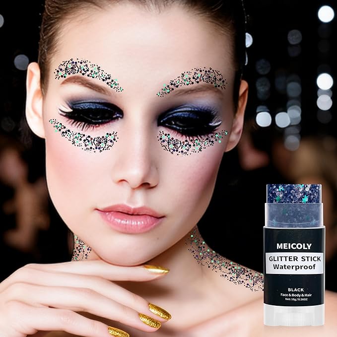MEICOLY Black Face Body Glitter Stick,Hair Glitter Stick for Women,Sparkle Chunky Glitter Makeup,Waterproof Face Glitter for Party Rave Festival