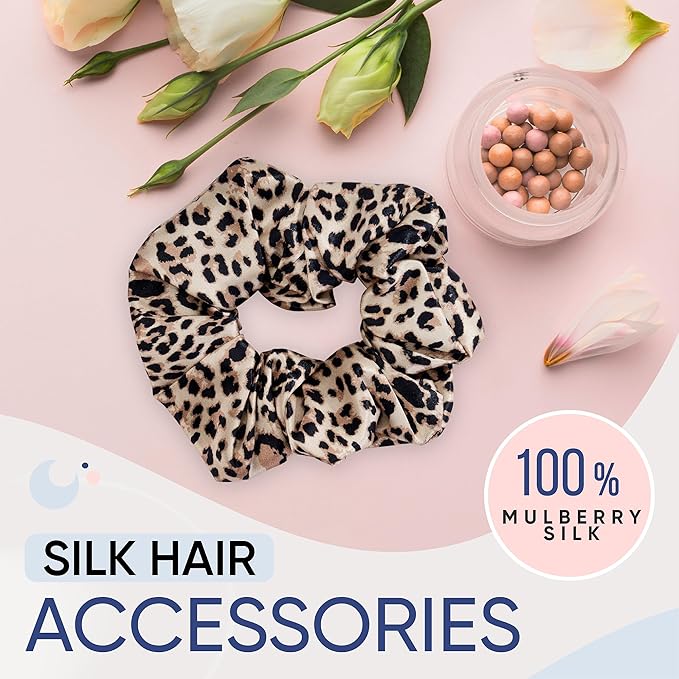 Blissy Silk Scrunchies (3 Pack) - 100% Pure Mulberry Silk - 22 Momme 6A High-Grade Fibers Scrunchie for Straight & Curly Hair (Leopard, Regular)