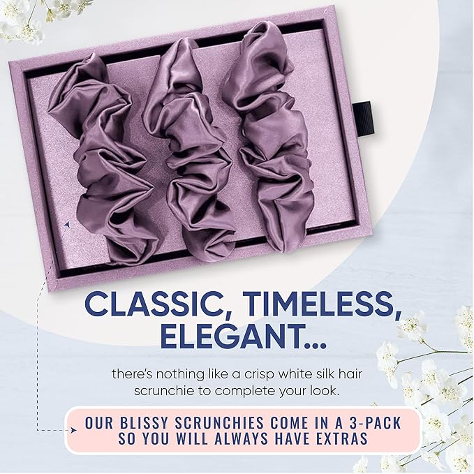 Blissy Silk Scrunchies (3 Pack) - 100% Pure Mulberry Silk - 22 Momme 6A High-Grade Fibers Scrunchie for Straight & Curly Hair - Preventing Breakage, Tangling, & Creasing (Lavender Regular)
