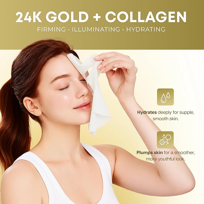 Clear Beauty 24K Gold & Collagen Face Mask – Firming & Moisturizing Sheet Masks For Radiant Glow & Smooth Texture – Dermatologist Tested, Anti-Aging, Korean Skin Care – Vegan Clean Beauty – 5 Count