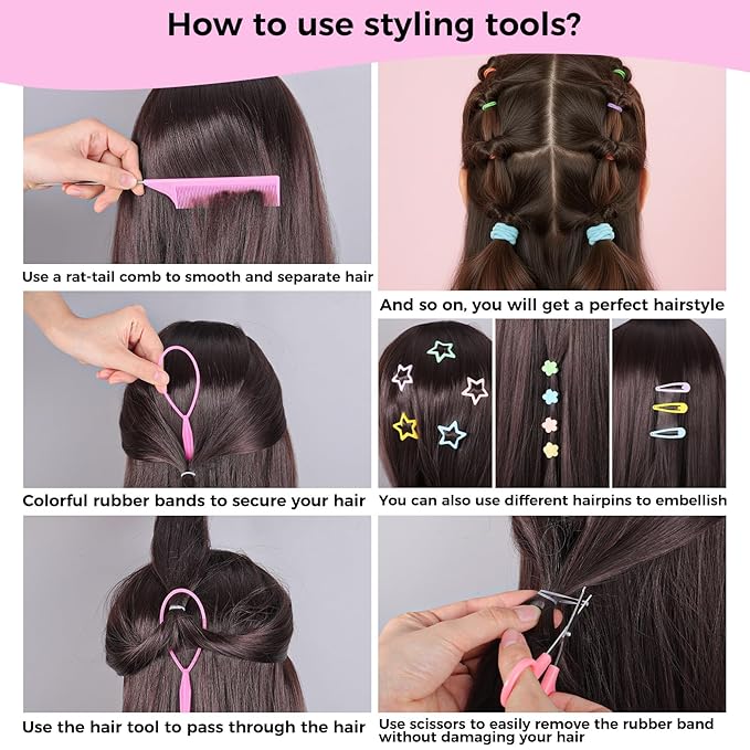 Colorful Rubber Bands Set, 2020Pcs Elastic Hair Ties with 5 Styling Tools 40Pcs Hair Clips Hair Accessories Valentines Day Gifts for Daughter