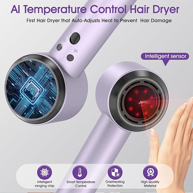 Ionic Hair Dryer with Auto-Adjusting Sensor,AI Hair Dryer with Magnetic Diffuser,100000 RPM High-Speed Hair Blow Dryer for Fast Drying,Compact Blow Dryer with 500M Plasma,Hair Dryers for Women(Purple)