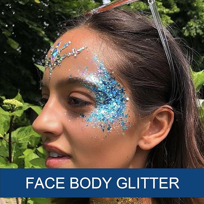 Christmas Body Glitter - Stocking Stuffers, Sequin Face Hair Makeup for Party Rave Festival, Christmas Gifts for Adults (Blue Body Glitter)