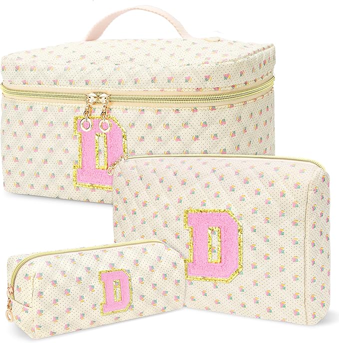 3 PCS Travel Makeup Bag Set, A–Z Initials Cotton Quilted Cosmetic Bag for Women & Preppy, Personalized Toiletry Bag Travel Accessories Makeup Brushes Organizer, Valentine’s Day & Birthday Gift for Her