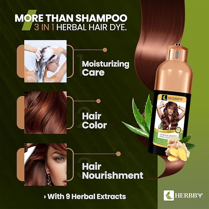 HERBBY Hair Color Shampoo for Gray Hair Coverage&Color Transform with 9 Herbal Extracts –Long Lasting(6-8 Weeks),Shiny,Evenly Colored,Instant Hair Dye Shampoo&Conditioner,500 Ml (AUBURN BROWN COLOR)
