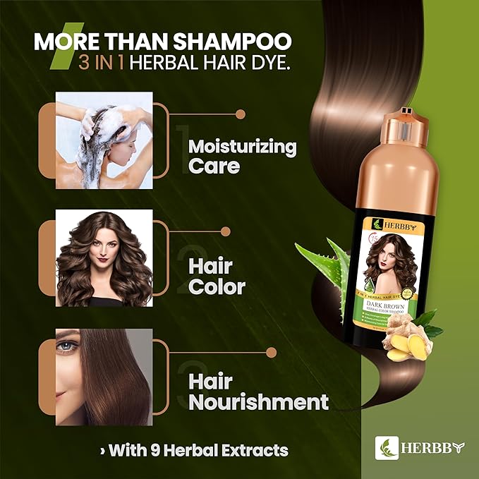 HERBBY Hair Color Shampoo for Gray Hair Coverage&Color Transform with 9 Herbal Extracts –Long Lasting(6-8 Weeks),Shiny,Evenly Colored,Instant Hair Dye Shampoo&Conditioner, 500 Ml (DARK BROWN COLOR)