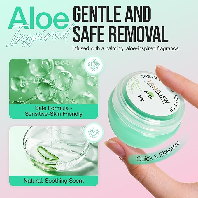LASHVIEW Eyelash Extension Remover Cream Gentle Aloe Vera Formula, Lash Removal Kit with Eye Patches & Cotton Swabs(20g)
