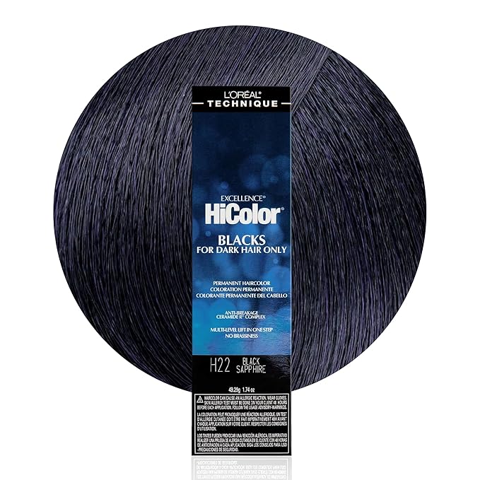 L'OREAL TECHNIQUE HiColor Violet & Black Shades Permanent Hair Color - Anti-Breakage Ceramide R Complex, Multi-Lift With No Brassiness, For Dark Bases and Long Lasting Color, H22 Black Sapphire